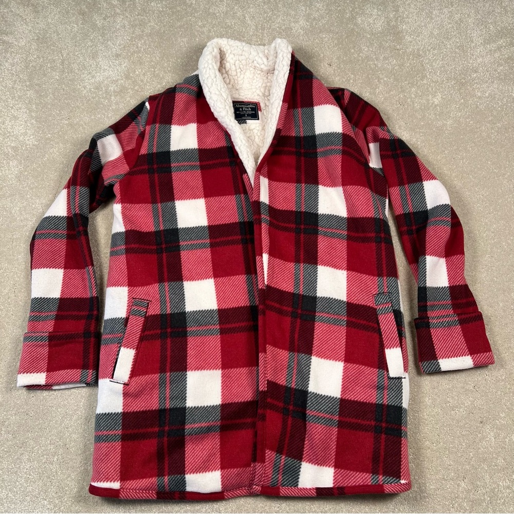 Abercrombie Red Plaid Open Front Cardigan Jacket Sherpa Lined Long Comfy Women S